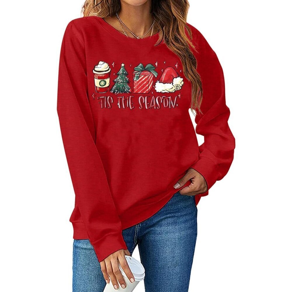 Women Christmas Sweatshirt Cotton Blend Tis the Season Xmas Tree Graphic